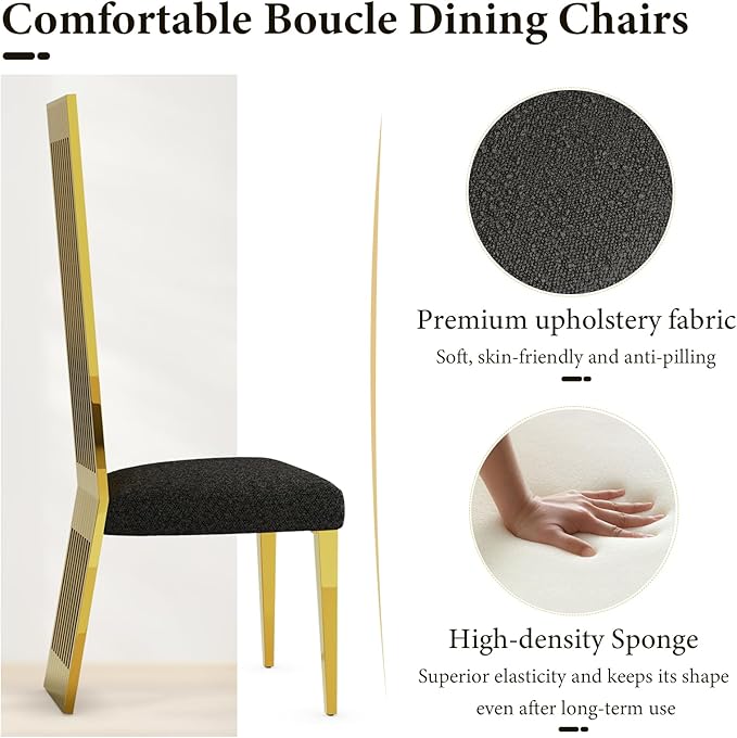 Dining Chairs Set of 6, Black Boucle Dining Room Chairs with Polished Gold Stainless Steel Legs and High Back