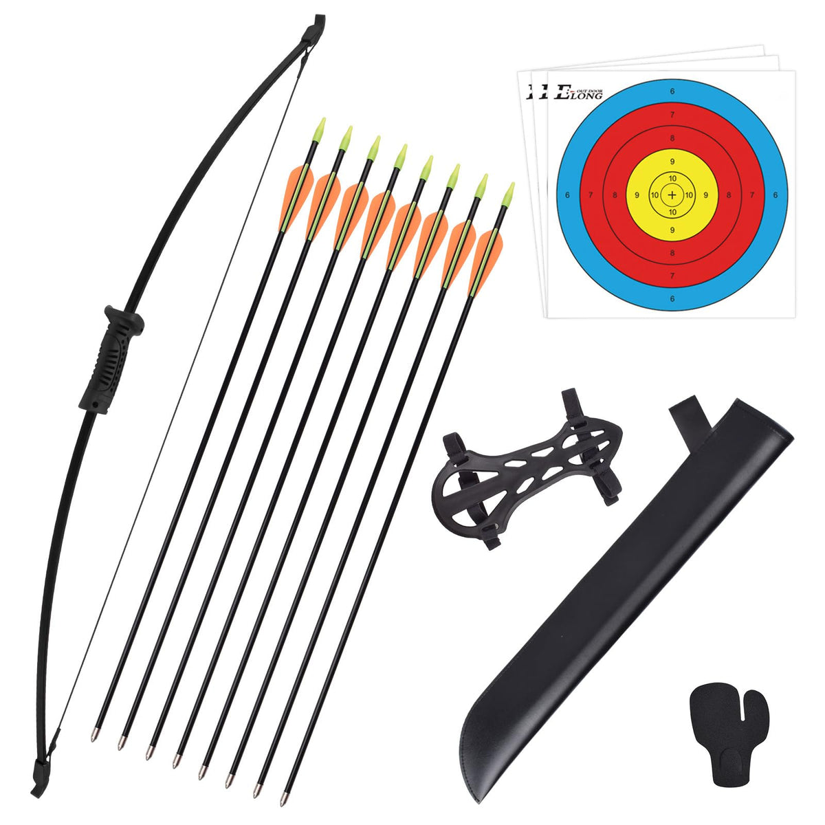 ELONG OUTDOOR Recurve Bow and Arrow Set Outdoor Archery Beginner Training Includes 8 Arrows, Armguard, Quiver, Target Face, Finger Tab