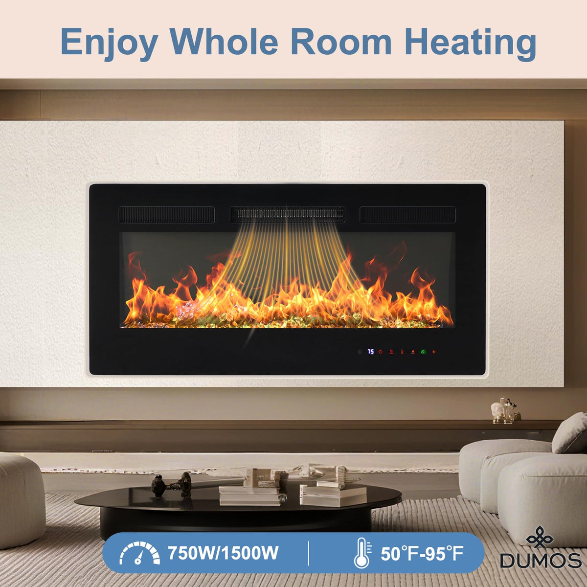 DUMOS 36 Inch Electric Fireplace Wall Mounted/Recessed/Free Standing Space Heater with Remote Control Adjustable Flame Colors Touch Screen Energy Saving, Black