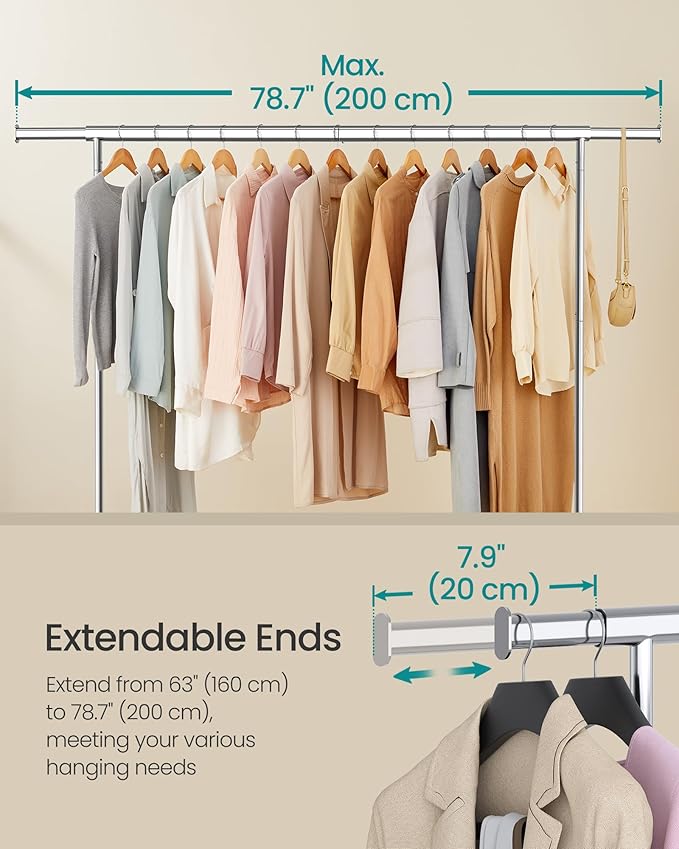 SONGMICS Clothes Rack with Wheels, Heavy-Duty Garment Rack with Extendable Hanging Rod, 243 lb Load Capacity, 17.7 x (63-78.7) x 64.1 Inches, Chrome-Plated, Silver UHSR176E01
