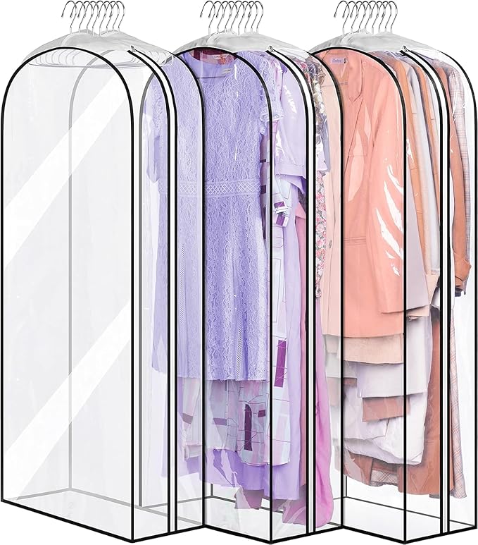 MISSLO 10" Gusseted All Clear Garment Bags for Hanging Clothes 50" Dress Bags for Closet Storage Coat Protectors for Suits, Gowns, 3 Packs