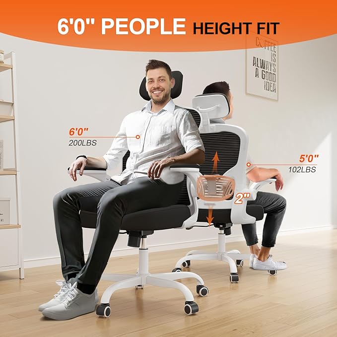 Office Chair Ergonomic Desk Chair, 330LBS Capacity, High Back Computer Chair for Long Hours Comfortable, Rolling Swivel Executive Task Chair for Home Office with Flip-up Armrests(White Black)