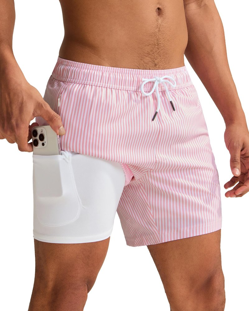 maamgic Mens Swim Trunks with Compression Liner 5 Inch, Quick Dry Bathing Suit with Zipper Pockets, Stretch No-Chafing Swim Shorts, Pink White Stripe Medium