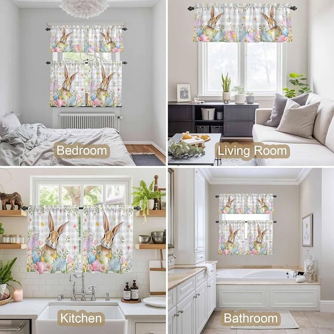 Kitchen Curtains Tiers and Valance Set of 3, Easter Light Filtering Window