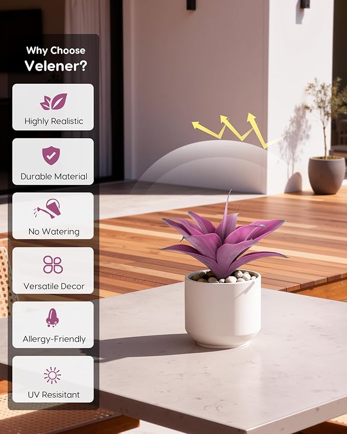 Velener 14 Inch Artificial Agave Plants, UV Resistant Fake Outdoor Plants, Small Faux Plants for Indoor Decor(Purple)-2 Pack