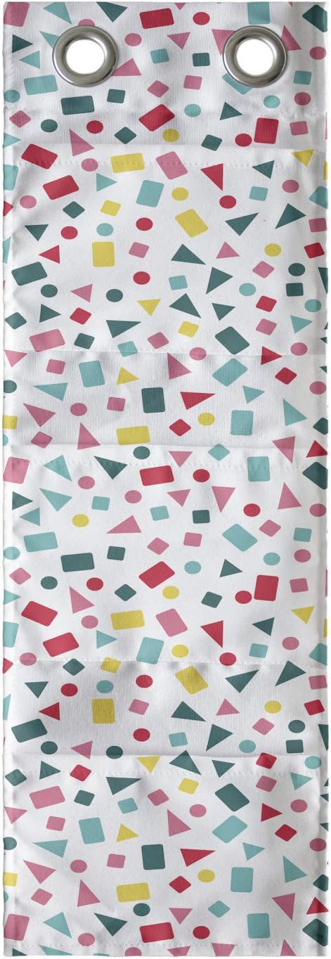 Ambesonne Geometric Hanging Pocket Organizer, Layout of Scattered Geometric Mini Colorful Shapes on a Plain Background, Printed Polyester Storage Bag with Pockets, 9" x 27", White Multicolor