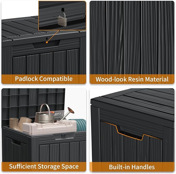 28 Gallon Outdoor Deck Box,Storage Lockable Waterproof Patio Furniture,Garden Tools,Cushions,Pool Accessories Outside Storage Resin Box(Black)