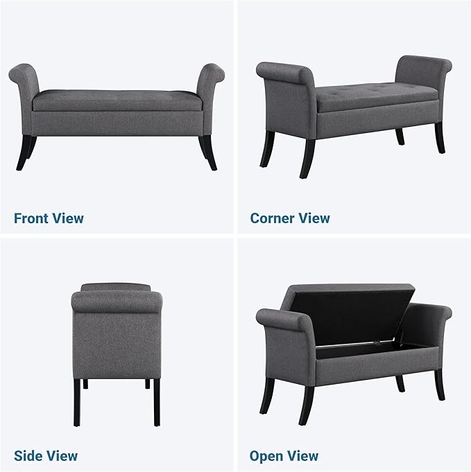 Yaheetech Ottoman with Storage, 52" Storage Ottoman Bench with Safety Hinge, Upholstered Bench with Seating for Bedroom, Living Room, Holds up to 661 lb, Dark Gray