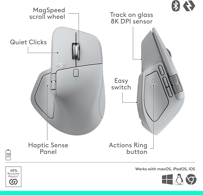 Logitech MX Master 4, Ergonomic Wireless Mouse with Advanced Performance Haptic Feedback, Ultra-Fast Scrolling, USB-C Charging, Bluetooth, Windows, MacOS - Pale Gray