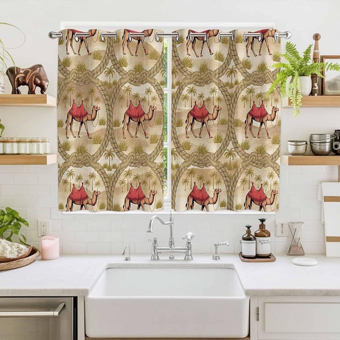 2 Panel Kitchen Cafe Curtains, Desert Camels Sunlight Filtering Nature Air