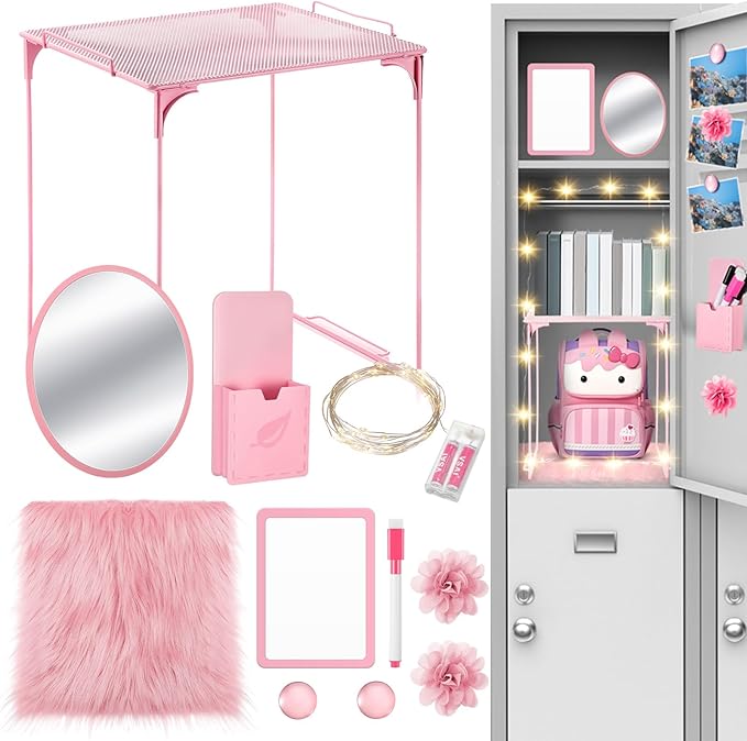 Patelai 11 Pcs Locker Accessories Kit Included Locker Shelf Magnetic Mirror Pen Holder Whiteboard Marker Faux Fur Rug Light String and Magnet for Back to School Essentials(Pink)