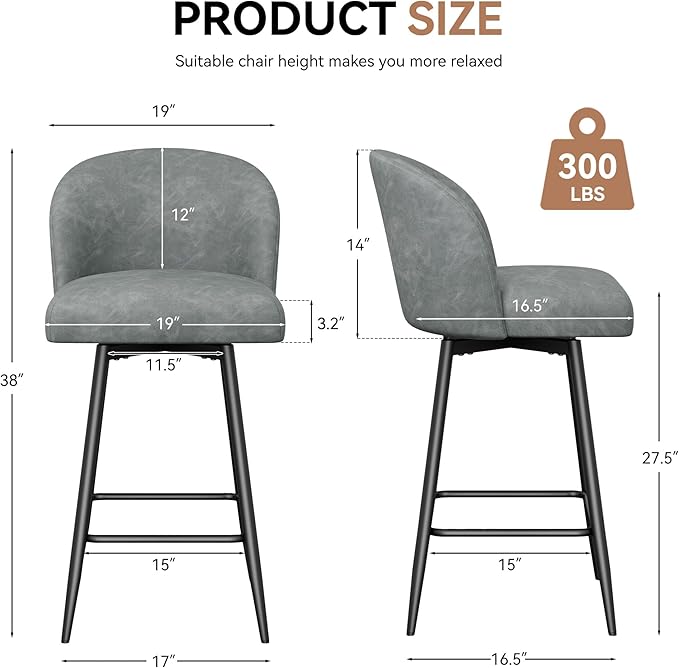 Counter Height Bar Stools Set of 2,360° Swivel Barstools with High Back and Metal Legs,26" Seat Height, Upholstered PU Leather Bar Chairs for Kitchen Island, Dining Room,Cafes,Grey