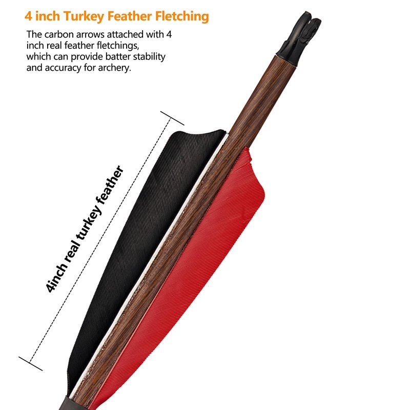 TOPARCHERY Premium 30" Carbon Hunting Arrows with 4" Real Turkey Feathers Fletching and Removable Tips - 500 Spine Practice Target Arrows for Compound & Recurve Bow Long Bow -12Pcs (Wood Pattern)