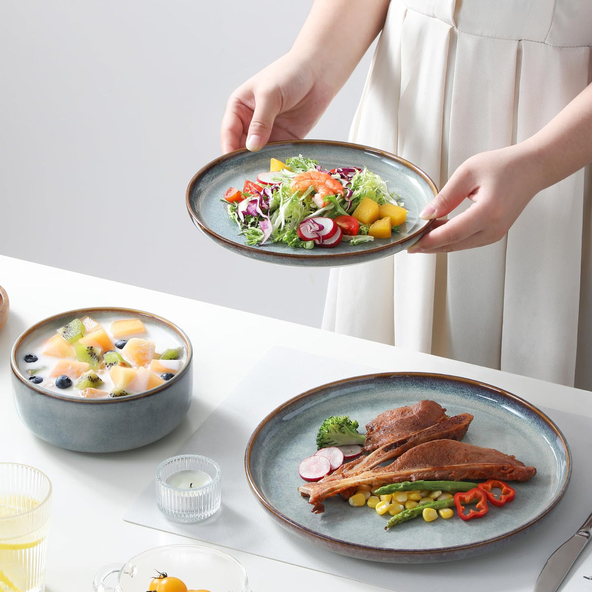 vancasso PLAYA Plates and Bowls Sets,12 Pieces Grey Dinnerware Sets for Kitchen,Reactive Glaze Dishes Set for 4,Dishwasher and Microwave Safe