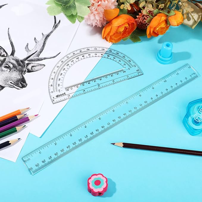Zonon 6 Packs 12 Inch Plastic Ruler and 6 Inch Plastic Protractor Set Clear Math Geometry Protractors Set Transparent Supplies Rulers for Operation Christmas Box Gift Home Office Drawing