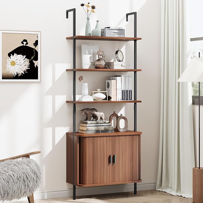 72" Tall Fluted Bookshelf, 4-Tier Open Display Ladder Shelf with Sliding Tambour Doors, Modern Wall Mounted Bookcase Cabinet with Metal Frame for Living Room, Bedroom, Home Office, Walnut