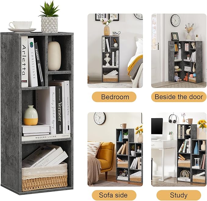 VECELO Small Bookshelf, 4 Cube Slim Bookcase, Fits Tallest Hardcovers, Horizontal Available, Modern Floor Standing Unit, Each Shelf Hold Up to 66 LBS,Gray
