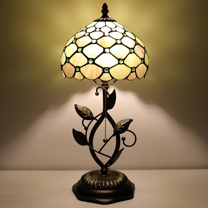 Small Tiffany Lamp Amber Green Pearl Style Stained Glass Table Lamps Desk Bedside Reading Light 8X8X18 Inches with Bronze Metal Leaf Resin Base