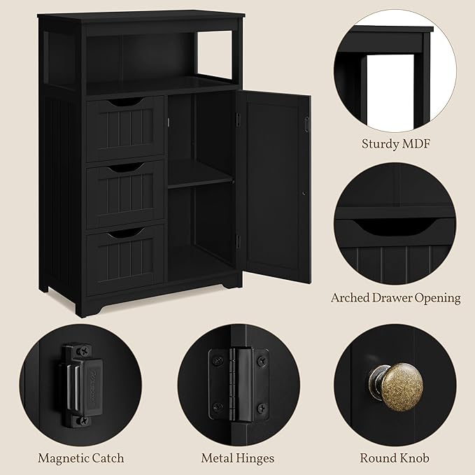 Yaheetech Bathroom Floor Cabinet, Free Standing Wooden Storage Cabinet Multiple Tiers Storage Organizer for Bathroom/Living Room/Entryway, Black