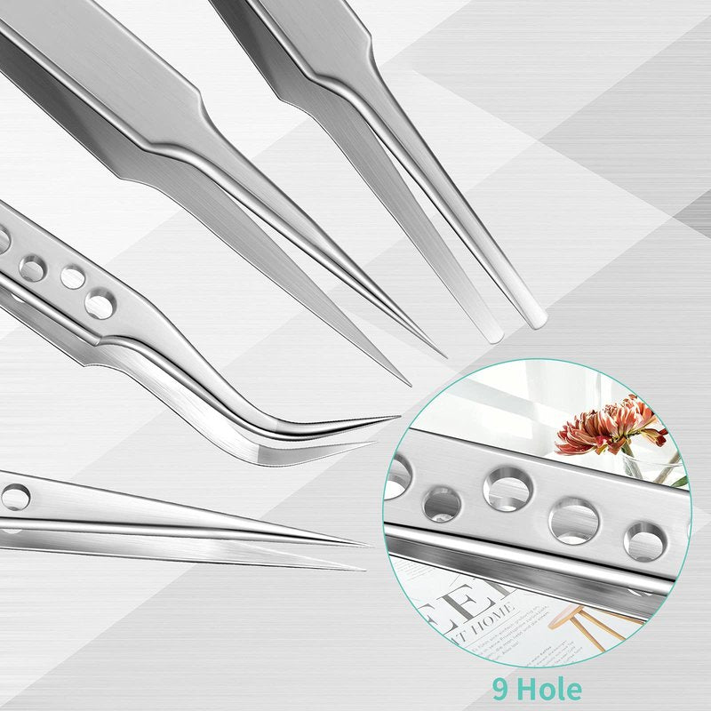 8 Pcs Tweezers Set Stainless Steel Tweezers Forceps with Magnifying Glass Straight Fine Point Forceps Curved Round Flat Tip Tweezers 9 Holes Straight Curved Tip Tweezers for Beauty Craft (Simple)