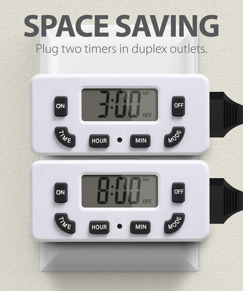 Fosmon 24 Hour Programmable Digital Timer Outlet (2 Pack), ON/Off Program, LCD Display, Mini Indoor Single Plug-in, 125V 15A for Seasonal Light, Lamp, Heater, Portable Fan, Aquarium