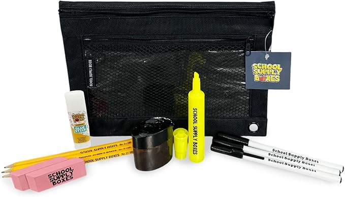 School Supply Boxes | Budget Saver Case (4 Boxes) | Back to School Essentials Kit for Students & Teachers | Includes Spiral Notebook, Crayons, Pens, Pencils, Glue & More