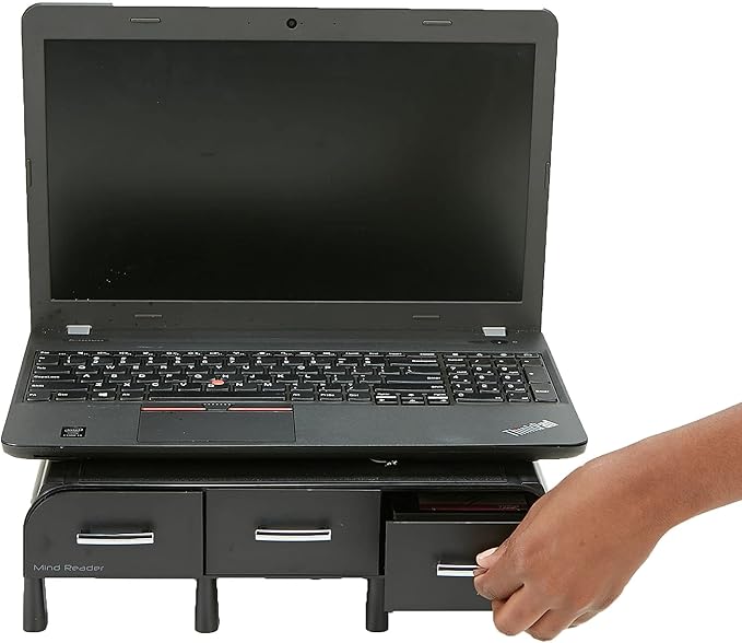 Mind Reader Monitor Stand, Laptop Riser, Desktop Organizer, Storage Drawer, Office, Plastic, 13.5"L x 13"W x 4"H, Black