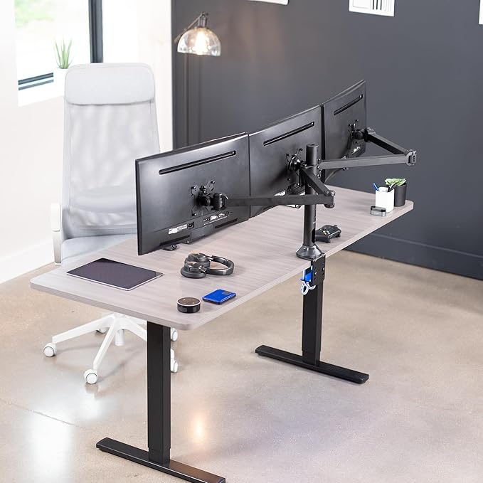 VIVO Triple Monitor 23 to 32 inch LED LCD Clamp-on Desk Mount, Heavy Duty Articulating VESA Computer Stand, Holds 3 Screens, Fully Adjustable for Home Office Workstation, Black, STAND-V103