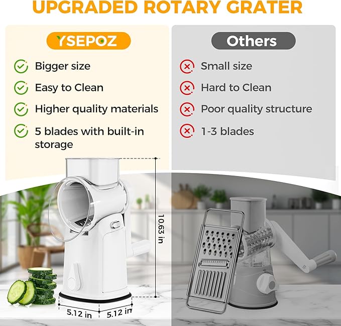 YSEPOZ 7 IN 1 Upgraded Rotary Cheese Grater with Handle – Vegetable Shredder with Built-in Storage Blade Slot, 5 Versatile Blades, Strong Suction Base Round Mandoline Slicer, Food Chopper for Kitchen