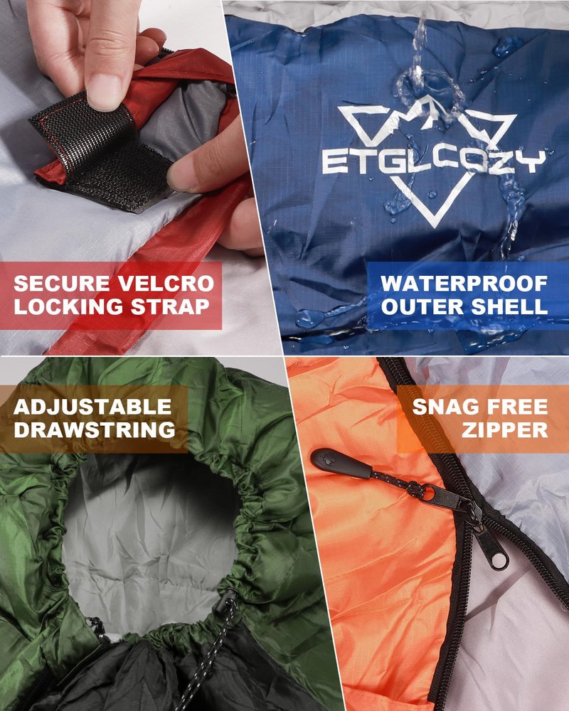 ETGLCOZY Lightweight 3-Season Sleeping Bag for Adults/Kids Camping, Compact w/Compression Sack, Waterproof Ripstop, Portable for Backpacking Hiking Travel, 50-80°F, Black