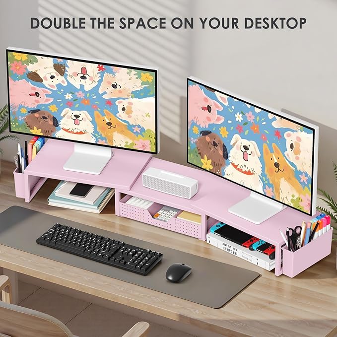 OPNICE Pink Desk Organizers and Accessories for Women, Dual Computer Monitor Stand Riser with Drawer and 2 Pen Holders, Office Desk Accessories, Workspace Desktop Organization for Office Supplies