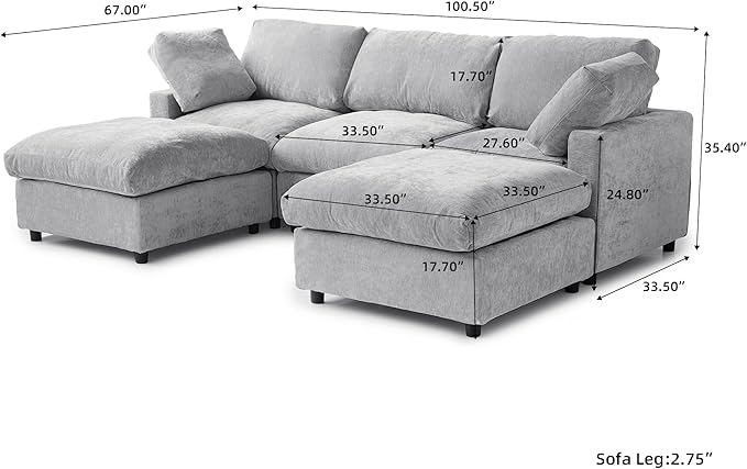 JACH U Shape Sectional Couches for Living Room, Convertible Modular Sofa with Ottomans, Cloud Sectional Couch, Sofa Covers Washable, Minimalist Couch for Living Room, Apartment, Light Grey