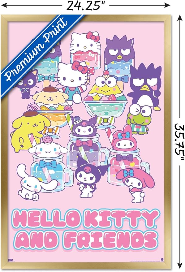 Trends International Hello Kitty and Friends: 24 Summer Fresh - Group Wall Poster, 34L x 22.4W, Gold Framed Version