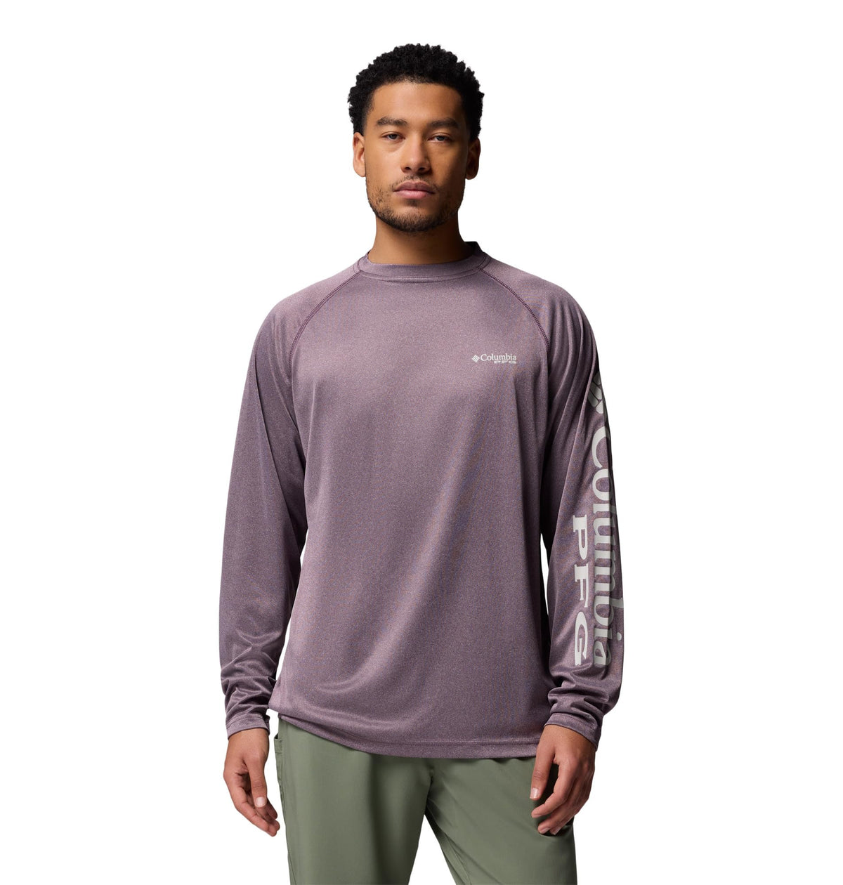 Columbia Men's PFG Terminal Tackle Long Sleeve Fishing Shirt, Dusty Purple Heather/Cool Grey Logo, 4X Tall
