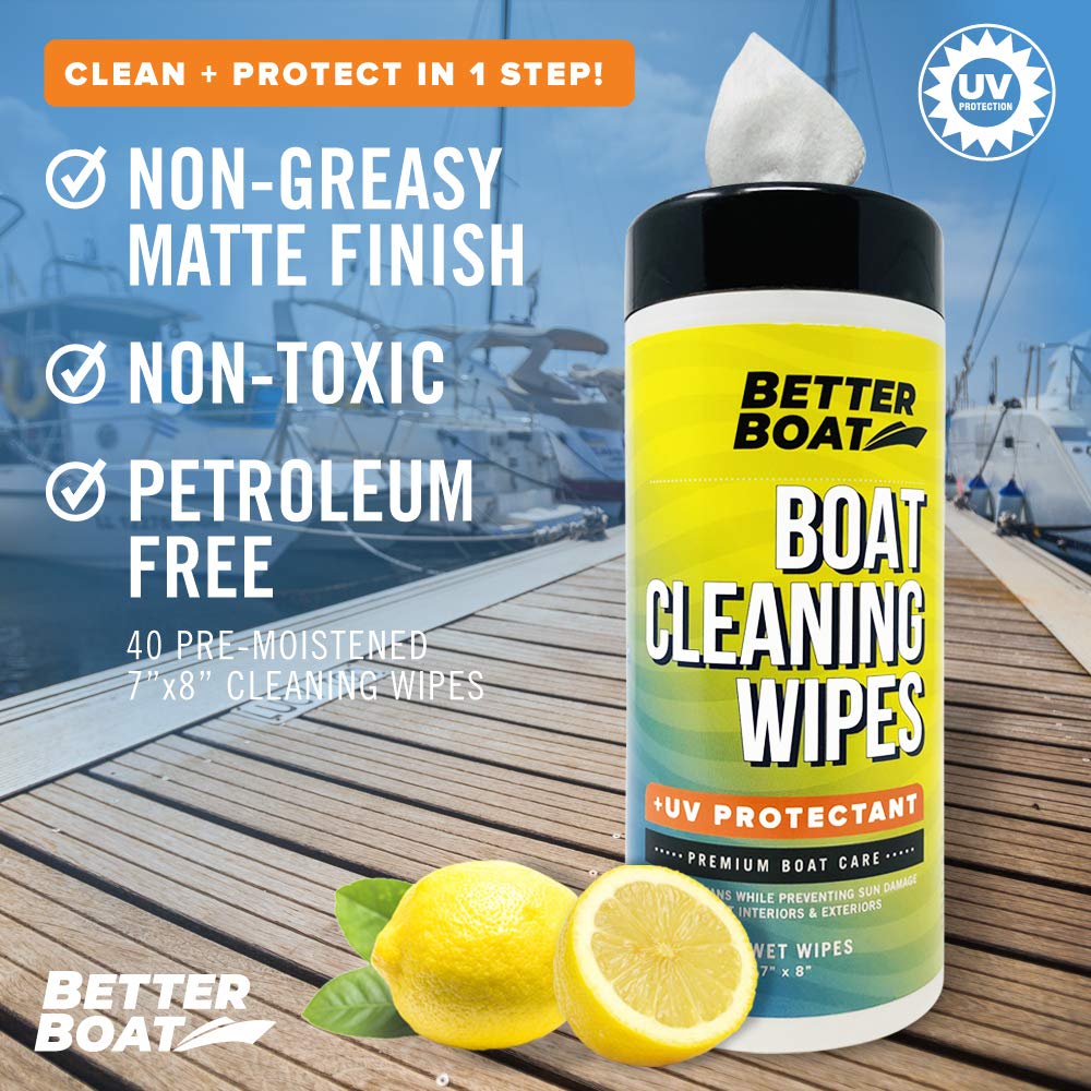 Boat Cleaning Wipes with UV Protectant 40ct, Marine Vinyl Cleaner and Protector for Boat Seats Console and Dash, Non Greasy Matte Finish - Better Boat