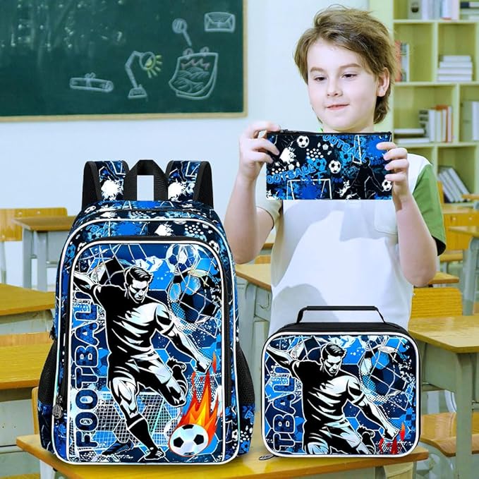 KLFVB 3PCS School Backpack, 17" Kids Football Bookbag and Lunch Box, Water Resistant Teenagers Backpacks for Middle Elementary - Soccer