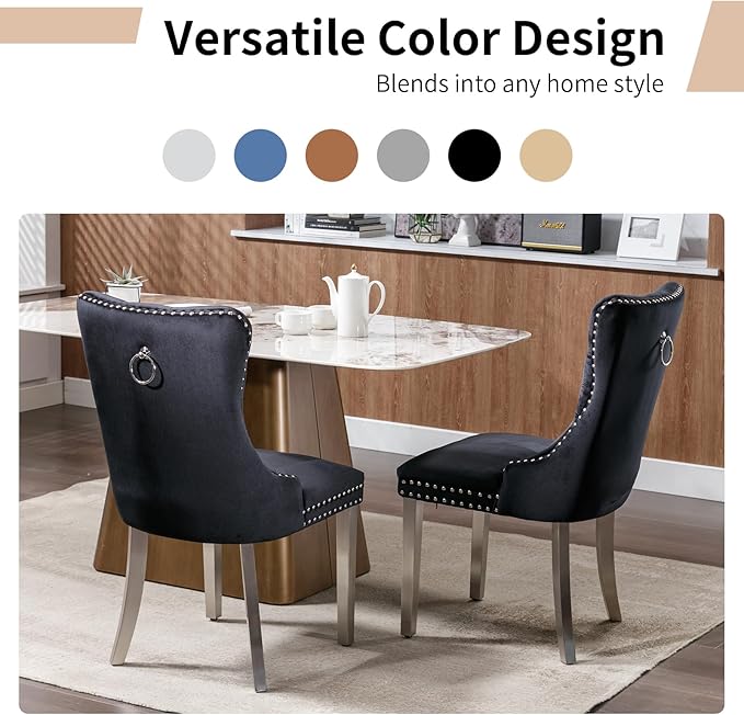Luxury Upholstered Dining Chairs Set of 2, Black Kitchen Chair with Silver Metal Legs, Velvet Tufted Back Dining Chair, Sillas de Comedor, Modern Kitchen & Dining Room Chairs (Black, 2 Pcs)