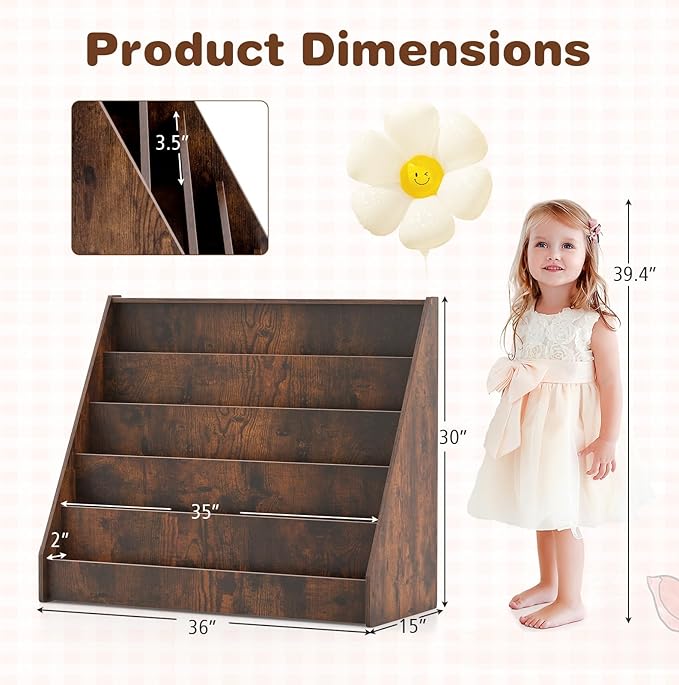 KOTEK 5-Tier Kids Bookshelf, Wooden Floor Display Shelf for Books and Magazines, Toddler Bookcase, Montessori Book Shelf for Kids Room, Daycare, Preschool, Classroom (Rustic Brown)