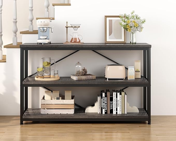 IBF Short Wide Horizontal Bookshelf, Industrial office Low 3 Tier Book shelf, Rustic Wide Vintage open Bookcase with Storage, Modern Grey Etagere for Home Office Living Room Bedroom, Gray Oak, 47 Inch