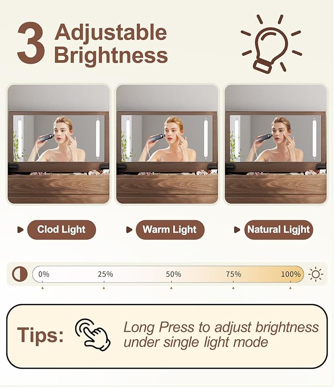 KungFuWood Wood Vanity Desk with Mirror and Lights, Dressing Vanity Table Vanity Set 4 Drawers, 40 Inch Large Make Up Vanity Table Wooden with 3 Lighting Modes Log Color (with Adapter)