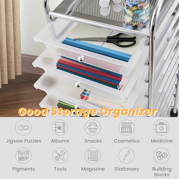 COSTWAY 10-Drawer Rolling Storage Cart, Utility Mobile Trolley with Removable Drawers & Universal Casters & 2 Brakes, Versatile Flexible Drawer Organizer Cart for Home, Office (Clear)