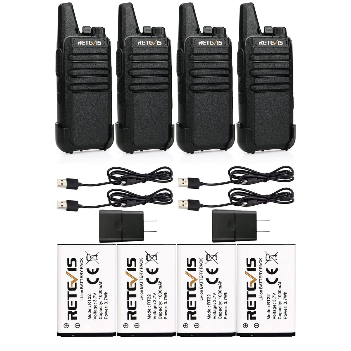 Retevis RT22 Walkie Talkies (4Pack) Bundle with Battery (4Pack),Portable 2 Way Radio, USB Charging, Handsfree Walkie Talkies for Adults Cruise Hiking Hunting Skiing