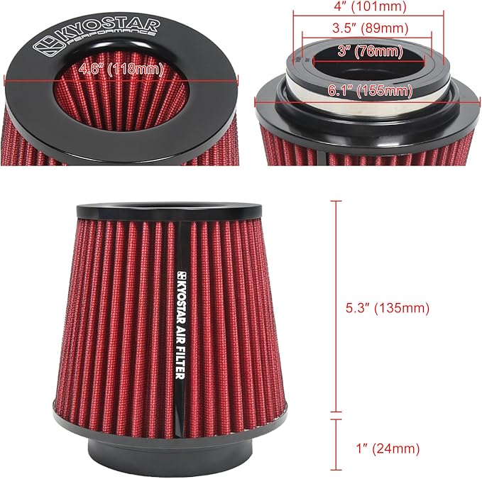 KYOSTAR Universal 3/3.5/4" High-Flow Air Filter, Reusable Cone Cold Air Intake