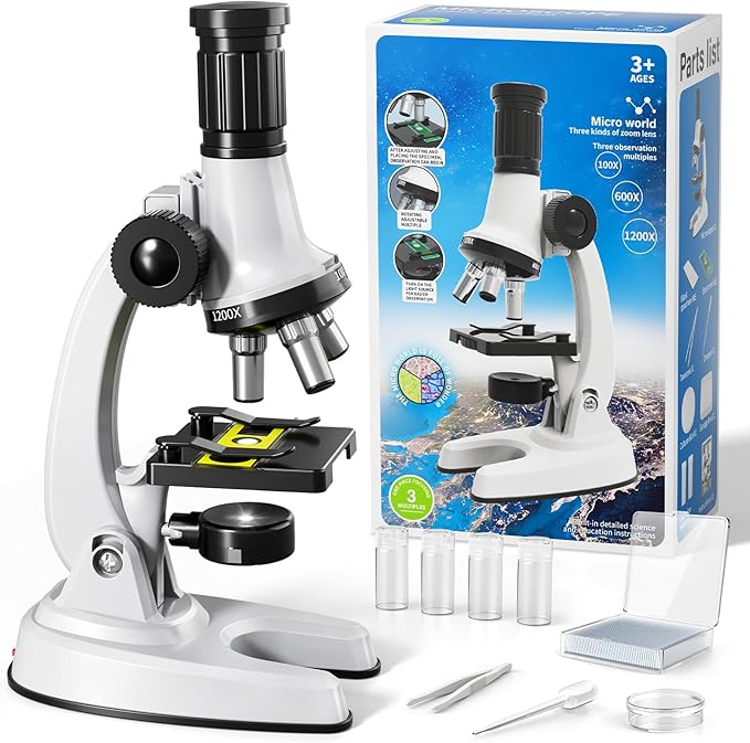 Microscope for Kids, 67 Pcs Kids Microscope Science Kit with 100X-1200X Microscope, Slides and Tools, Science Experiments Kit STEM Project Toy Gift for for Kids Boys Girls Beginner 3-5 5-7 8-12