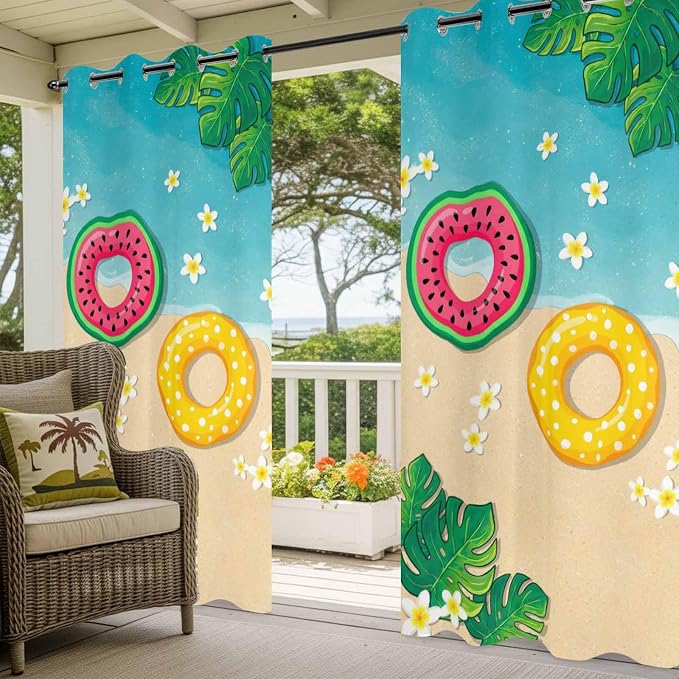 Summer Outdoor Curtains for Patio Plumeria Swimming Circles Ocean Beach