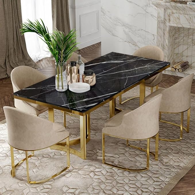 POVISON Marble Dining Table for 6, Modern Table 71" for Kitchen & Dining Room, Luxury Black Dining Table with Gold Trestle Pedestal(Table Only)