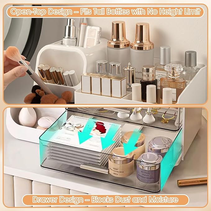 Makeup Organizer with Drawers for Vanity, Countertop Brush Holder, Counter Skincare Cosmetic Display Case Storage Box for Beauty Essentials, Women Make up Storage Solution for Bathroom Dresser Desk
