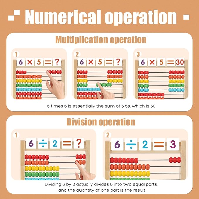 Wooden Abacus for Kids Math - 10-Row Counting Toy with 100 Beads, Number Cards & Counting Sticks, Educational Counters for Kids Math Gift for Age 3 4 5 6 7 Year Old Boy Girl