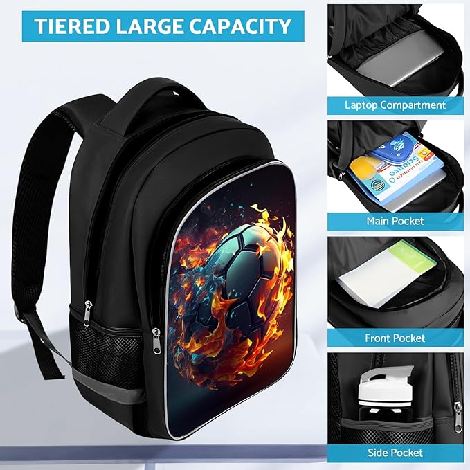 School Backpack for Boys - Soccer Boys Backpack for Kids Children Teens Elementary Middle School - Students Bag for Ages 6-18,17″Bookbag Multifunctional Large Capacity