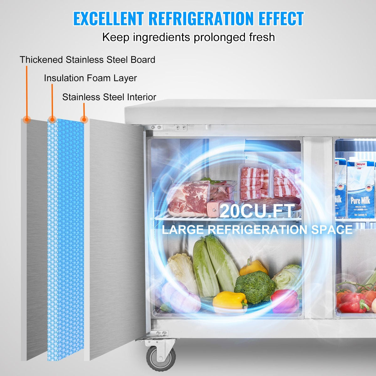 72" Commercial Refrigerator Sandwich & Salad Prep Table, 20 Cu. Ft Stainless Steel Refrigerated Food Prep Station with 3 Doors, Frost Free Refrigerator with Lock for Restaurant, Bar, Store